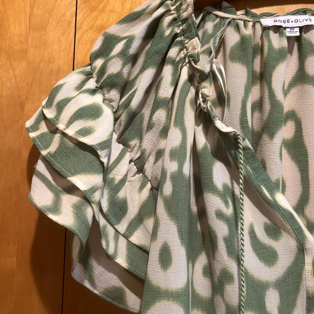 Rose and Olive 2X Green Print Blouse-Ruffle Sleeve-Tassel Tie-Boho-Peasant-Artsy - Picture 2 of 8